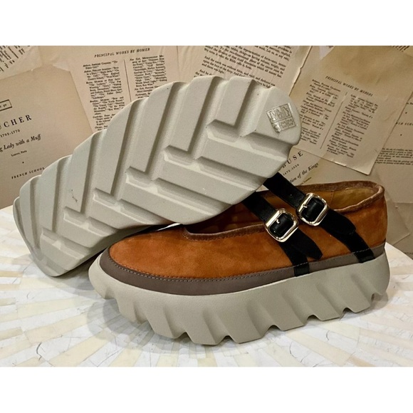 Free People 4CCCCEES Tura Mary Janes Platform Shoe Tan Gold Suede Black - Picture 12 of 12